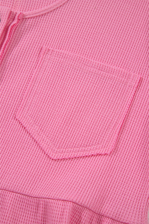 Bright Pink Waffle Textured Button Round Neck A-line Tiered Sleeveless Dress